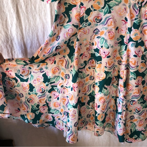 TOPSHOP floral deep v neck dress with flare skirt green pink and gold size 4 - Picture 5 of 9